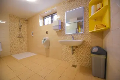 a bathroom with a sink and a urinal and a toilet at Holiday Home Toplica Natura with natural thermal Bath in Cerklje ob Krki