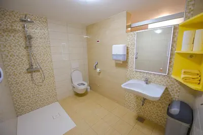 a bathroom with a toilet and a sink and a shower at Holiday Home Toplica Natura with natural thermal Bath in Cerklje ob Krki
