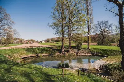 a pond in the middle of a field with trees at Holiday Home Toplica Natura with natural thermal Bath in Cerklje ob Krki
