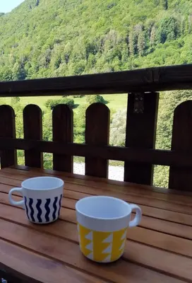 two coffee cups sitting on a wooden table with a view at počitniška hiška MEDVEJKE in Slappe dʼIdria