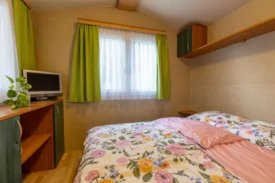 a bedroom with a bed and a tv and a window at Hiška pod Rudnico 2 in Podčetrtek