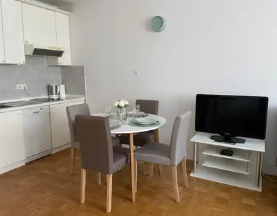 a kitchen with a table with chairs and a television at Apartment Green - Grey in Ljubljana