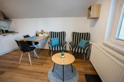 a living room with two chairs and a table at Apartma Lida 2 in Bled