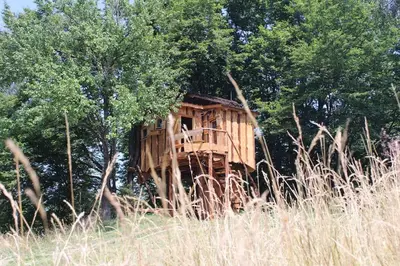 a wooden tree house in a field of tall grass at Treehouse Toplak in Ruše