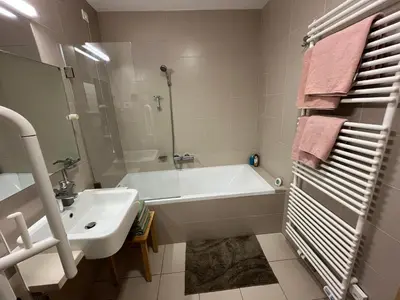 a bathroom with a bath tub and a sink and a bath tub at Golden Fox Apartment Pohorje in Maribor