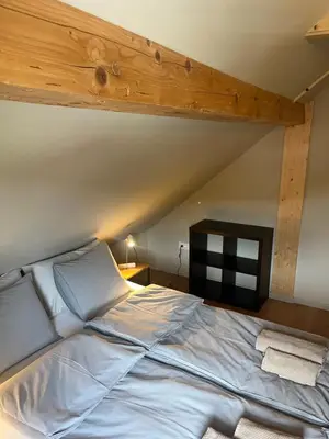 a large bed in a room with a wooden ceiling at Hiša Višnar in Bled