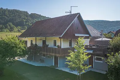 a house with a brown roof and a yard at Apartments in Stari trg ob Kolpi - Süd-Ost Slowenien 42908 in Stari Trg ob Kolpi