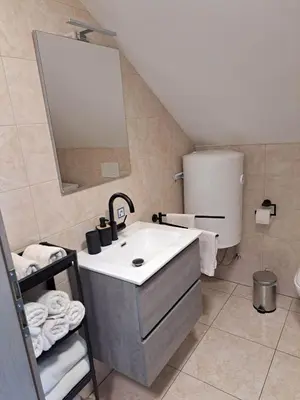a bathroom with a sink and a mirror at Apartmaji Tisa in Žana in Rovte