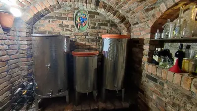 two large metal tanks in a brick wall at Apartman Vesna in Veliki Vrh