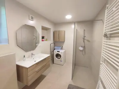 a bathroom with a sink and a washing machine at Apartma Moser in Podnanos