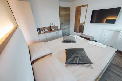 two twin beds in a room with a tv at Gostišče Koren in Žužemberk