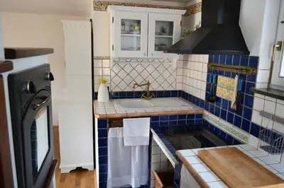 a blue tiled kitchen with a sink and a stove at Holiday Home Ribno - Bled in Bled