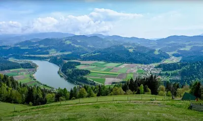 a view of a river from a hill at Glamping hišice Orlič in Muta