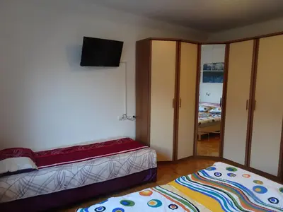 a bedroom with two beds and a flat screen tv at Apartma Dana-Brinjtesa in Jesenice