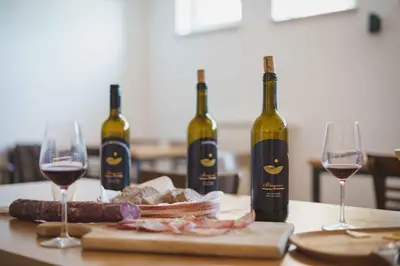 three bottles of wine on a table with wine glasses at Rooms&Vinery Bregovi - Sobe in vinska klet Bregovi in Dobravlje