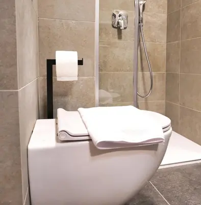 a bathroom with a toilet and a shower with towels at Metropolitana's Zois Apartments in Bohinj