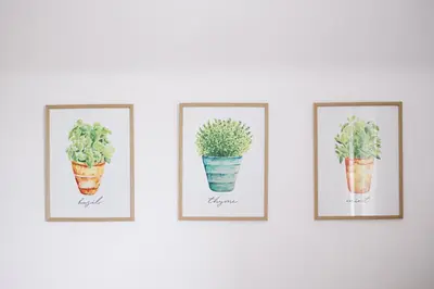 three framed prints of four plants on a wall at Hygge House Bled in Bled