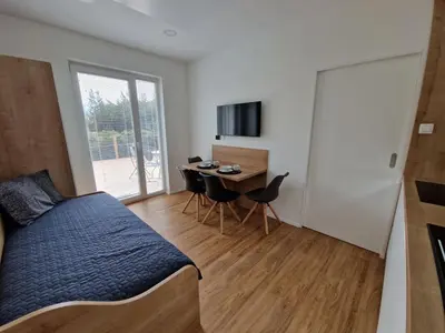 a bedroom with a bed and a desk with a television at Platinum Bled in Bled