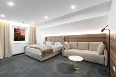 a bedroom with a bed and a couch at Garni Hotel Cirman in Ljubljana