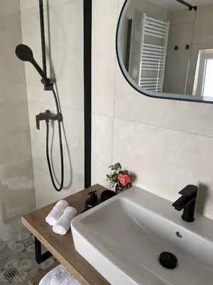 a bathroom with a sink and a shower with a mirror at Ami's House Castle View in Bled