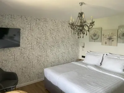 a bedroom with a white bed and a chandelier at Ami's House Castle View in Bled