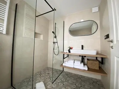 a bathroom with a shower and a sink at Ami's House Castle View in Bled