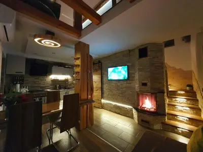a living room with a fireplace and a television at Holiday home in Trebnje Kranjska Krain 42897 in Trebnje