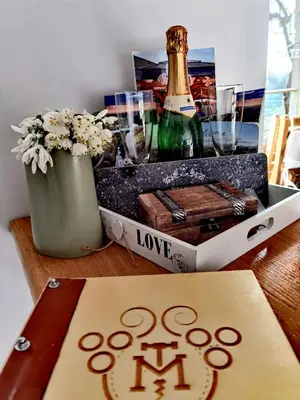 a bottle of champagne and a box of wine glasses at Holiday home in Mirna Kranjska Krain 42906 in Mirna