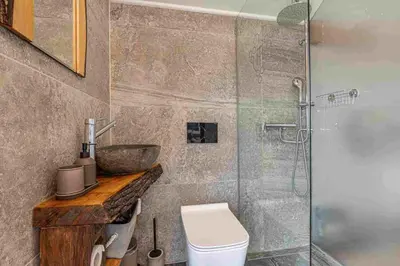 a bathroom with a toilet and a glass shower at Holiday home in Mirna Kranjska Krain 42906 in Mirna