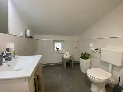 a white bathroom with a toilet and a sink at Apartma Fojana in Dobrovo