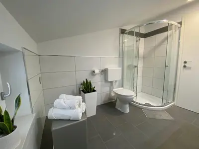 a bathroom with a toilet and a glass shower at Apartma Fojana in Dobrovo