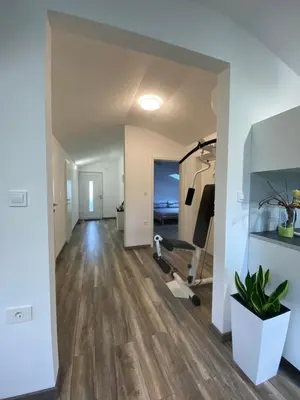 an empty living room with a treadmill and a gym at Apartma Fojana in Dobrovo