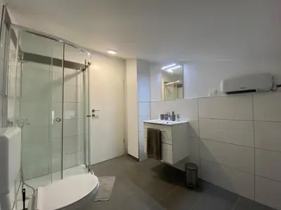 a bathroom with a shower and a toilet and a sink at Apartma Fojana in Dobrovo