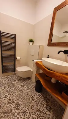 a bathroom with a sink and a toilet and a mirror at Apartma Bovec Center in Bovec
