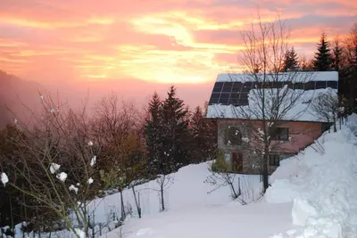 a house with a solar roof in the snow at Country House & Spa in Mislinja