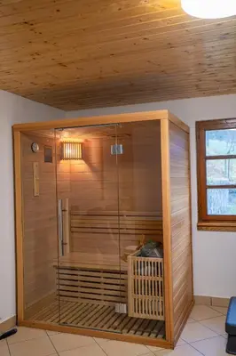 a shower stall in a room with a wooden ceiling at Country House & Spa in Mislinja