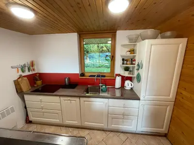 a kitchen with a white refrigerator and a sink at Mountain View Cottage in Kamnik
