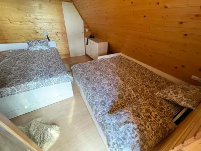 a room with two beds in a wooden cabin at Mountain View Cottage in Kamnik