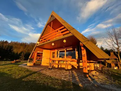 a small cabin with a pitched roof on a field at Mountain View Cottage in Kamnik