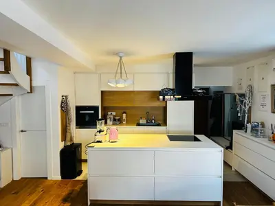 a kitchen with white cabinets and a black refrigerator at Top view residence in central Ljubljana in Ljubljana