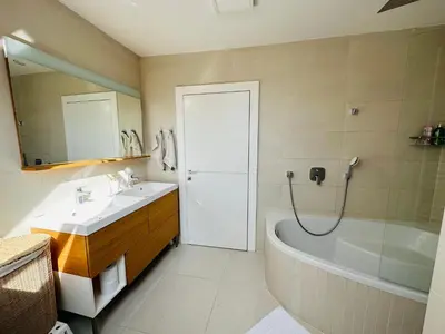 a bathroom with a tub and a sink and a shower at Top view residence in central Ljubljana in Ljubljana