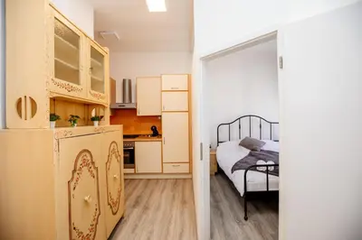 a small room with a bed and a kitchen at Central View Point Apartment in Ljubljana