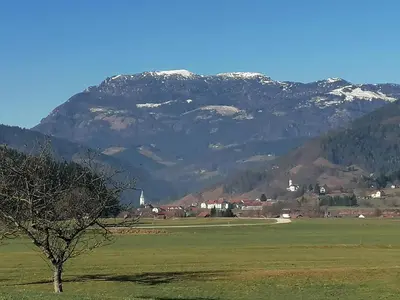 a mountain in the distance with a town and a tree at Lahova hiša in Ljubno