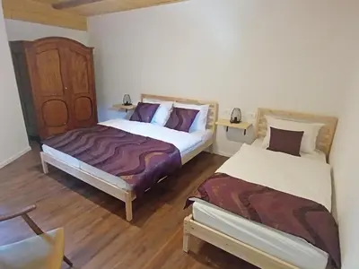 a bedroom with two beds and a chair in it at Lahova hiša in Ljubno