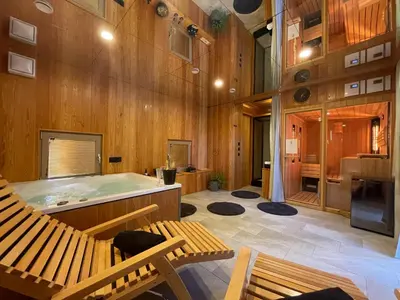 a hot tub in a room with wooden walls at MAGNOLIA HOUSE by the RIVER in Metlika