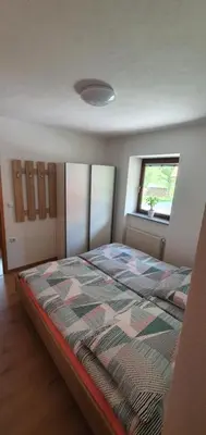 a bedroom with a bed in a room with a window at Apartment Podkuze in Mojstrana