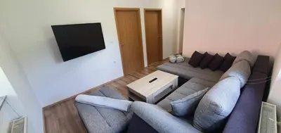 a living room with a couch and a tv at Apartment Podkuze in Mojstrana