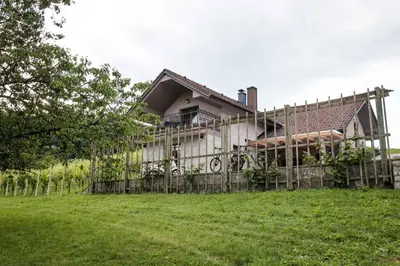 a house behind a fence in a field at Holiday home in Smarjeske Toplice Kranjska Krain 42904 in Smarjeske Toplice