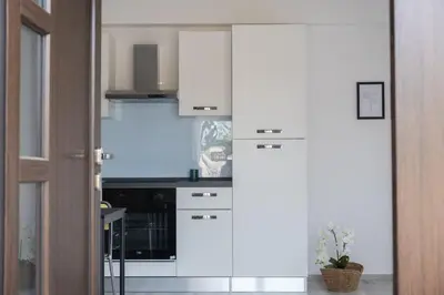a kitchen with white cabinets and a stove at Apartma ODDIH in Dutovlje