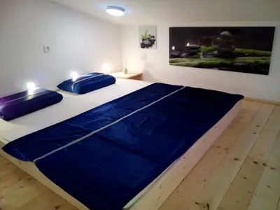 a large bed in a room with two blue pillows at Pri štorklji in Moravske Toplice